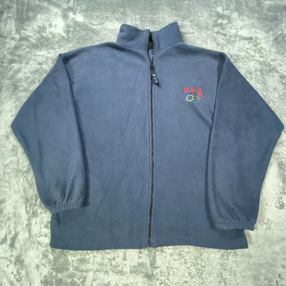 Vintage Team USA Olympics Jacket Mens L Blue Fleece Full Zip Mock‎ Neck USA Made